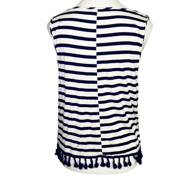 Everly Navy and White Striped Women's Tank Top with Tassels - Picture 2 of 12